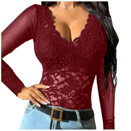 

Fsqjgq Cutout Lingerie Women Shirt Lace Shirt See Through Casual Slim Fit Tops Embroidery Sheer Mesh Lace Long Sleeve Top Deep V Neck Temperament Trim Plunging Womens Lingerie 3X Red Xl
