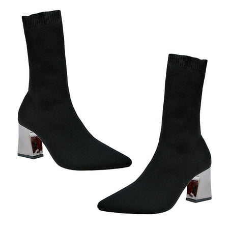 1 Pair of Pointed Toe Sock Boots Lady High Chunky Heel Shoes for Autumn Winter