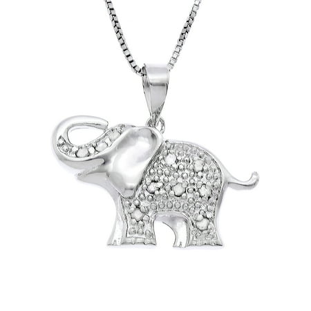 JewelExclusive Sterling Silver 1/10cttw Natural Round-Cut Diamond (J-K Color, I2-I3 Clarity) Elephant Pendant-Necklace,18"