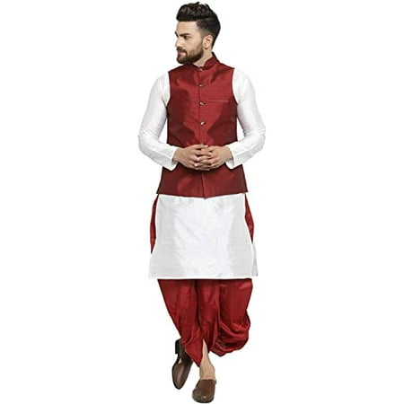 

Royal Kurta Men s Silk Blend Kurta Dhoti & Nehru Jacket Set (38 Maroon-White)
