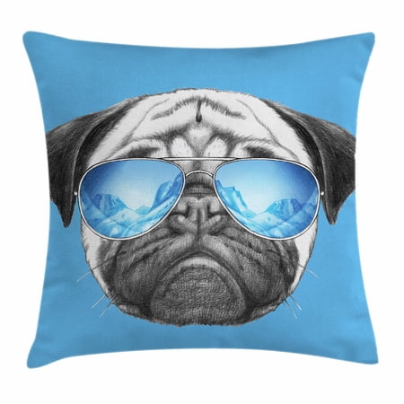 Pug Throw Pillow Cushion Cover, Pug Portrait with Mirror Sunglasses Hand Drawn Illustration of Pet Animal Funny, Decorative Square Accent Pillow Case, 20 X 20 Inches, Pearl Blue Black, by Ambesonne