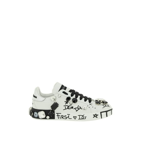 Dolce & Gabbana Printed Leather Portofino Sneakers With Stones