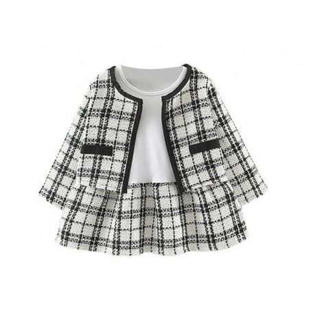 2pcs/set Toddler Kid Baby Girl Long Sleeve Cardigan Jacket Coat+Tutu Pleated Dress Plaid Outfit Set Fall Winter Children Clothes