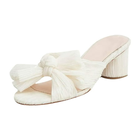 Cuhas Wide Sandals for Women SlippersWomen s Fashion Sandals Thick Heel Bow Silk Sandals Retro Buckle Shoes