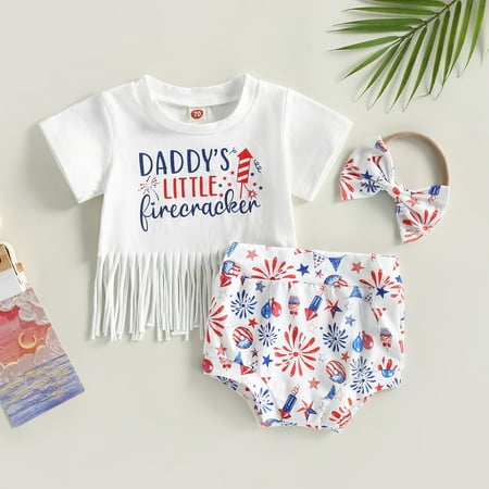 Lamuusaa Baby Girl 4th of July Outfits Short Sleeve Tassel Tops + Cartoon Shorts + Headband Set
Lamuusaa Baby Girl 4th of July Outfits Short Sleeve Tassel Tops + Cartoon Shorts + Headband Set