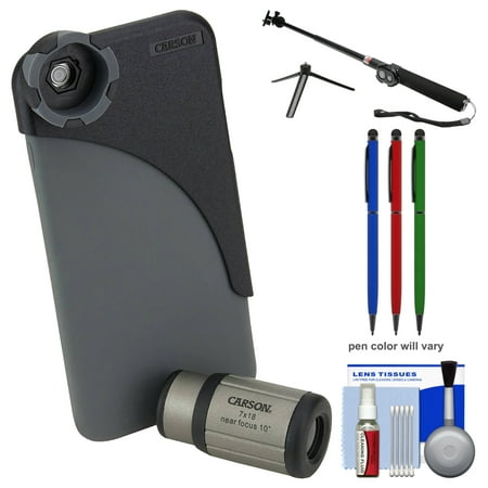 Carson HookUpz IC-618P 7x18mm Monocular Lens & Case w\/ Apple iPhone 6 Plus\/6S Plus Adapter with Selfie Stick + (3) Stylus Pens + Kit