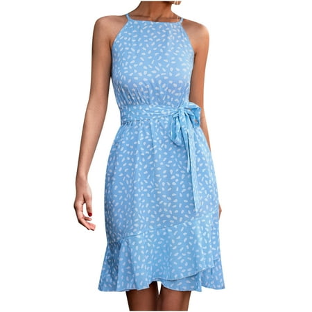 Long Sleeve Dress for Women Pink Dress for Women Trendy Women Dress Summer Leisure Crew Neck Sleeveless Vacation Beach Bandag Dress Clearance 2022 Dresses for Women Long Dresses for Women Blue XL