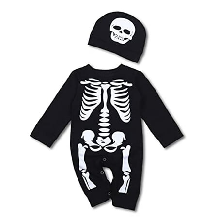 Styles I Love Unisex Baby Boys Girls Chic Skeleton Long Sleeve Black Cotton Romper with Hat 2pcs Halloween Jumpsuit (6 Months)