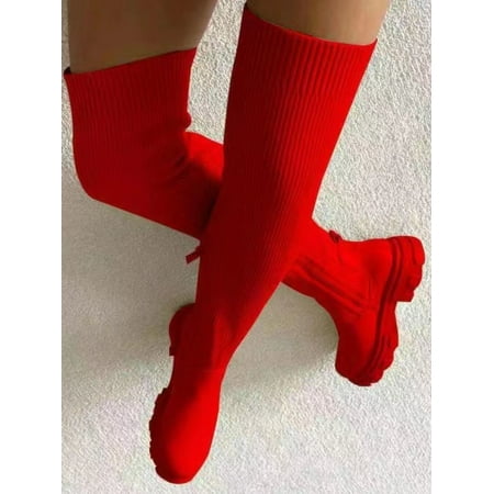 ROASO Women s Ribbed Patchwork Zipper Thigh High Boots Red