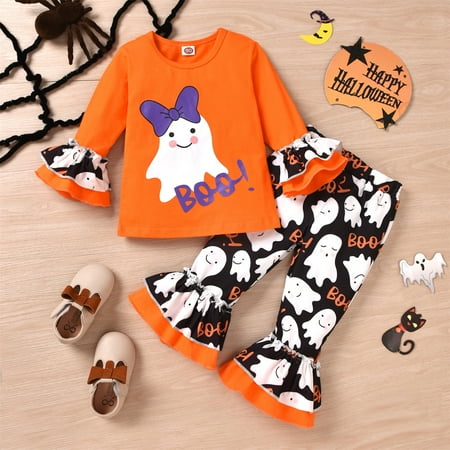 BTJX Toddler Kids Girls Outfit Cartoon Prints Long Sleeves Tops Bell Bottom Pants 2pcs Set Outfits