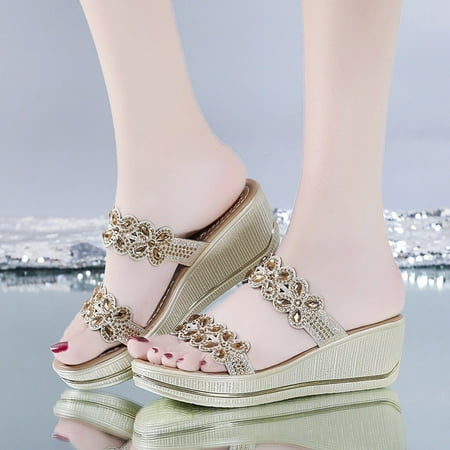 HIBRO Women Ladies Bohemia Crystal Wedges Thick Peep Toe Sandals Slippers Shoes
