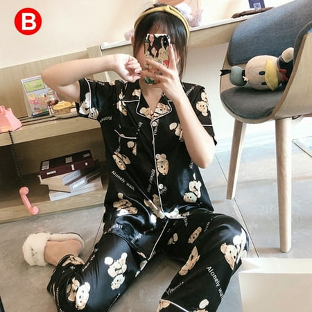 Pajamas Women Autumn Satin Print Short-Sleeved Trousers Suit Thin Style Home Service Cartoon Pattern New
Pajamas Women Autumn Satin Print Short-Sleeved Trousers Suit Thin Style Home Service Cartoon Pattern New