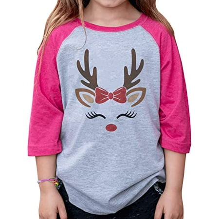 7 ate 9 Apparel Kids Merry Christmas Shirts - Reindeer with Bow - Pink Shirt 5T