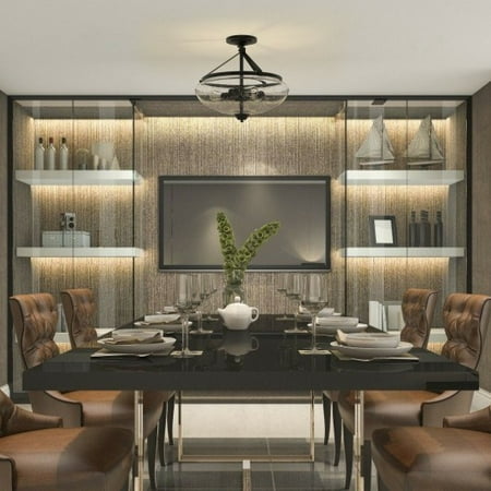 3-Light Semi Flush Industrial Seeded Glass Mount Ceiling Lamp Ceiling Lights