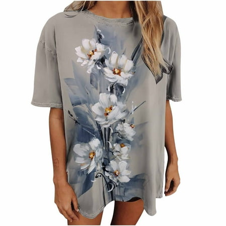 Impressionist Oil Graphic Tee Shirts for Womens Summer Floral Painting Tops Short Sleeve Casual Loose Tunic