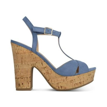 SUN STONE Womens Blue T-Strap Slip Resistant Jamie Round Toe Block Heel Buckle Slingback Sandal 10.5 M
