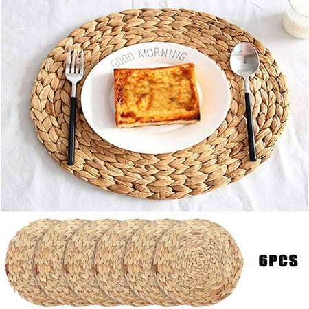 VKEKIEO 6 Pack Natural Water Hyacinth Weave Placemat Round Rattan Tablemats
