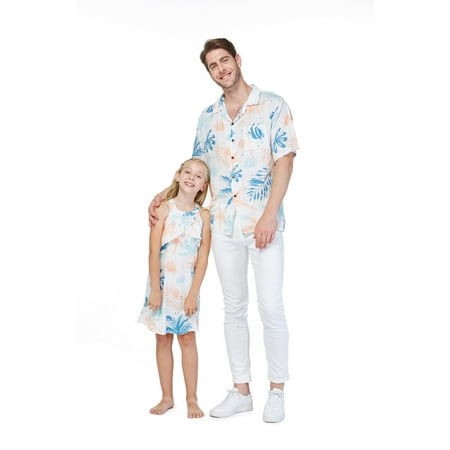 Matching Father Daughter Hawaiian Luau Cruise Outfit Shirt Dress Neon Sunset