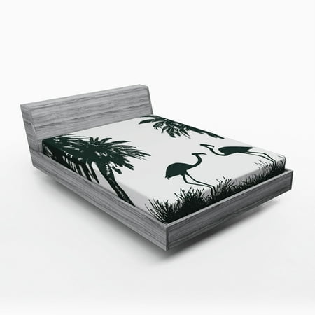 Nature Fitted Sheet Flamingo Birds and Palm Trees in Miami Exotic Tropical Natural Scenery Artwork, Soft Decorative Fabric Bedding, Black White, by Ambesonne