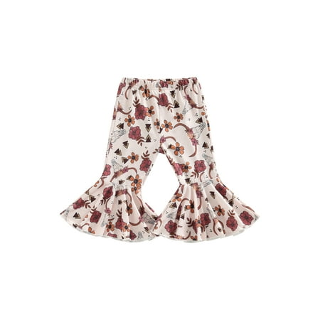 Toddler Baby Girl Ruffle Leggings Cow Floral Print Elastic Stretch Bell Bottoms Flare Pants