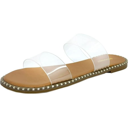 New Women s Double Strap Band Flat Slide Stud Summer Sandal