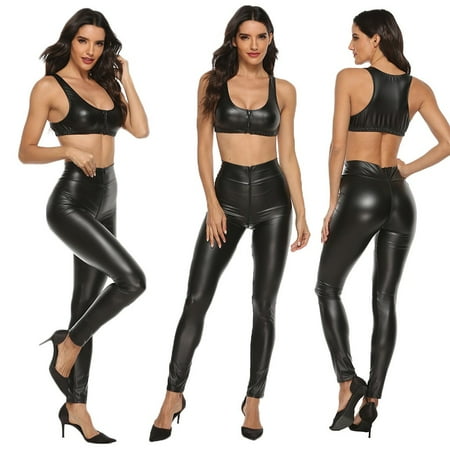 UDAXB Lingerie Women Artificial Leather Clubwear Bra Zipper Open Crotch Trousers Lingerie Set