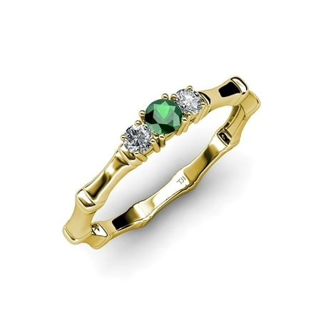 

Emerald with Side Diamond (SI2-I1 G-H) Three Stone Bamboo Ring 0.29 ct tw in 14K Yellow Gold.size 9.0