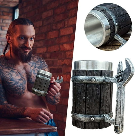 Feiboyy Wrenchs Can Cup Men s Gift Decoration Stainless Steel Water Bottle Wooden Coffee Cool Cup Gift