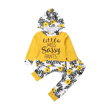 Musuos 2 Pcs Baby s Casual Suit Letter Long Sleeve Hooded Pullover Flower Trouser
