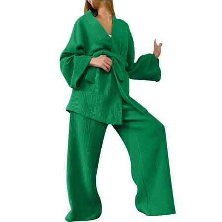 Solid Pajamas Set for Women Long Sleeve Belted Cardigan Sleepwear Nightwear V-Neck PJs Set 2 Piece Lounge Sets Womens Clothes 
Solid Pajamas Set for Women Long Sleeve Belted Cardigan Sleepwear Nightwear V-Neck PJs Set 2 Piece Lounge Sets Womens Clothes