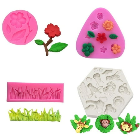 SPHET 4Pcs Animal Jungle World Silicone Mold Fondant Mold for Chocolate Polymer Clay Fondant Cake Decoration