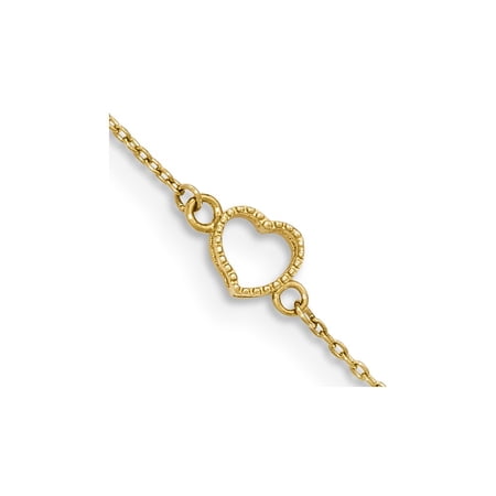 14K Yellow Gold 10in Textured and Polished Heart w/ 1in. ext. Anklet
