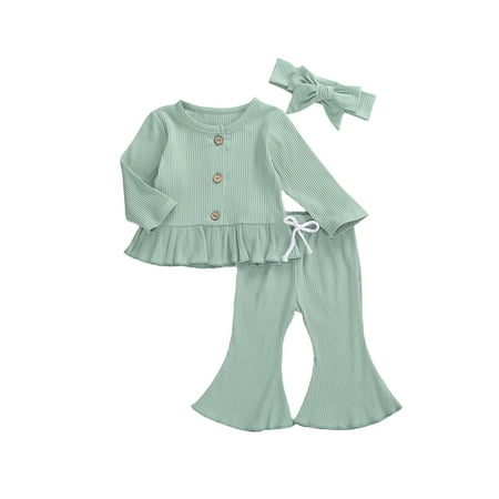 Baby Girl Clothes Knit Long Sleeve Buttons Round Neck Ruffle Top + Long Flared Pant + Headband 3pcs
Baby Girl Clothes Knit Long Sleeve Buttons Round Neck Ruffle Top + Long Flared Pant + Headband 3pcs
