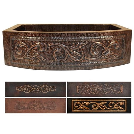 Copper Design CRA-30209-D1-MA Copper Round Apron Kitchen Sink with Design, Matte - Small - 9 x 20 x 30 in.