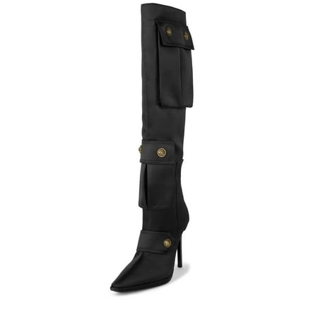 

Jeffrey Campbell Pocketed Black Satin Stiletto Heel Embellished Pointed Toe Boot (Black Satin 10)