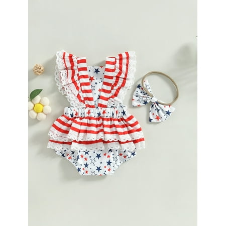Lamuusaa Baby Girl 4th of July Outfits Ruffle Sleeve Backless Stars and Stripes Print Romper with Headband Set
Lamuusaa Baby Girl 4th of July Outfits Ruffle Sleeve Backless Stars and Stripes Print Romper with Headband Set