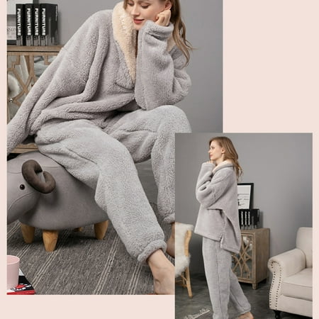 Women s Winter Fluffy Pajama 2-Piece Button-Down Pajama Set for Workout Home Wearing M Gray