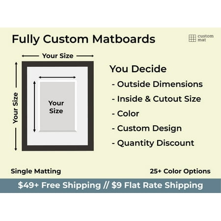Completely Custom Matboards Where You Specify Both the Exterior and Interior Dimensions (Single Matting)
Completely Custom Matboards Where You Specify Both the Exterior and Interior Dimensions (Single Matting)