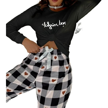 Women s Pajama Sets Black and White Cute Plaid Round Neck Pant Sets Long Sleeve 
Women s Pajama Sets Black and White Cute Plaid Round Neck Pant Sets Long Sleeve