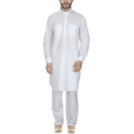 White Cotton Blended Pathani Kurta And Pyjama For Men By Royal Kurta