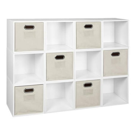 Cubo Storage Set with 12 Cubes & 6 Canvas Bins White Wood Grain & Natural