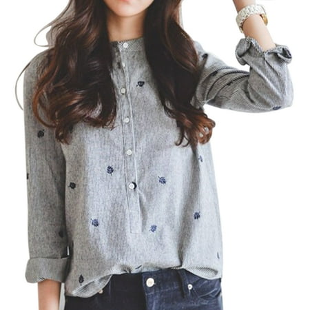 Retro Blouse Standing Collar Stripes Leaves Embroidery Blouse Photo Color M