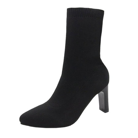 

nsendm Female Shoes Adult Women Boots Wide Shoes High Pointed Solid Fashion Knitting Boots Women s Thigh Heeled Boots for Women Leather Black 9