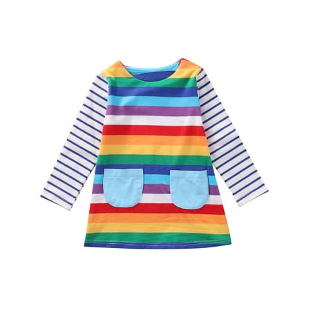 Gwiyeopda Toddler Kid Girls Long Sleeve Dress Casual Rainbow Color Dress Clothes