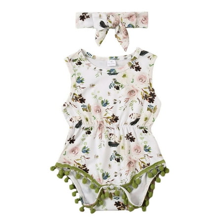 One opening Girls 2 Pieces Outfit Floral Print Romper + Headband Summer Set