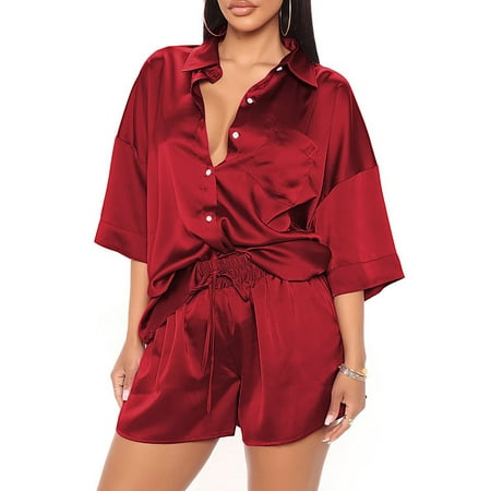 Yuwull Women s Stain lounge Short-sleeved Button-down Tops with Elastic Short V-neck Solid Color Pajamas Set Summer Home Clothes Red 8 Clearance
Yuwull Women s Stain lounge Short-sleeved Button-down Tops with Elastic Short V-neck Solid Color Pajamas Set Summer Home Clothes Red 8 Clearance