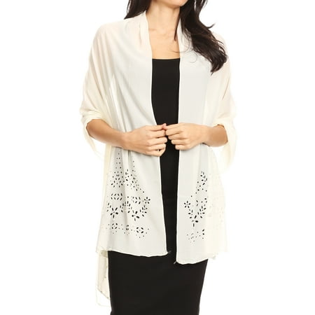 Sakkas Naomi Women Soft Sheer Embellished Chiffon Bridal Wedding Scarf Shawl Wrap - LaserCut-Ivory - 70inch*29inch