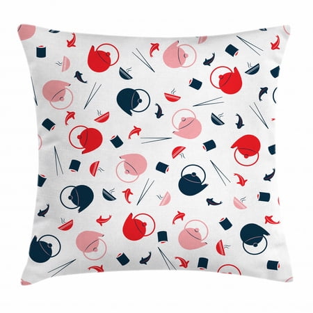 Sushi Throw Pillow Cushion Cover, Japanese Teapot Salmon and Chopsticks Flat Design Irregular Alignment, Decorative Square Accent Pillow Case, 24 X 24 Inches, Dark Blue Pink Vermilion, by Ambesonne