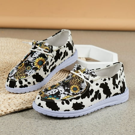 Women‘s Sunflower & Cow Print Canvas Shoes Flat Slip On Shoes Lightweight & Comfortable Shoes