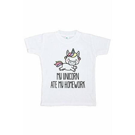 7 ate 9 Apparel Funny Kids Unicorn Ate My Homework T-Shirt White
